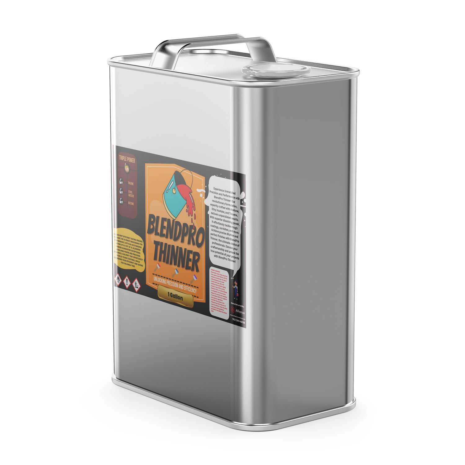 One-gallon metal canister of BlendPro professional paint thinner in silver container with hazard warning symbols, industrial-grade solvent with triple-power formulation.